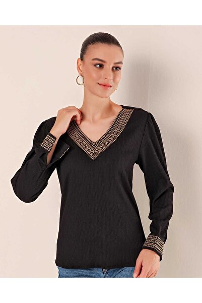 Modamorfo 0466 Embroidered V-Neck Knitted Blouse - Black