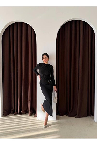 maf collection Women's Sandy Black Evening Dress with Accessories and Slit Detail