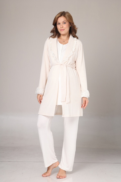 Lohussa Women's Ecru Jacquard Shawl Collar Winter Long Sleeve Special Design Maternity Pajama Set