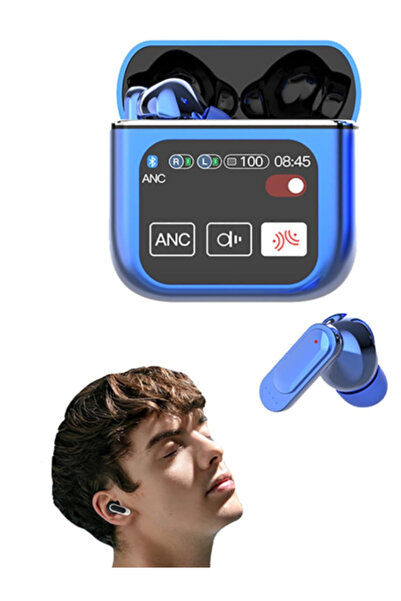 OEM Blue TWS Wireless Headphones, 1.9″ LCD Touch Screen, ANC+ENC, Bluetooth 5.4, HiFi Sound, 80h Battery Life