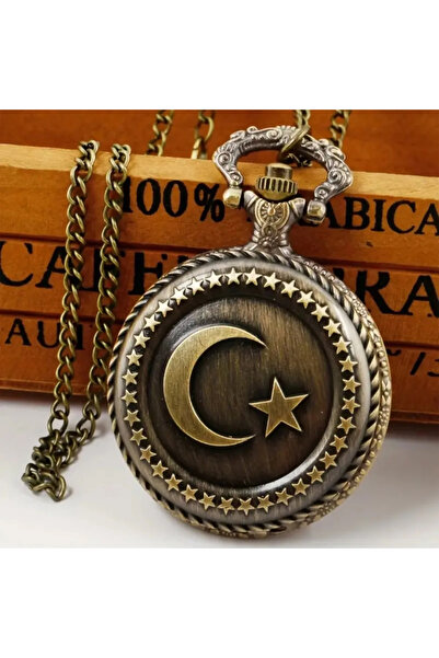Mersi SHOP Ay Yıldız Tasarımlı Antik Görünümlü Zincirli Cep Saati | Kolye Tip...