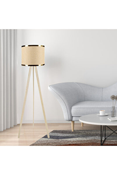 METEDEKOR Krem Ahşap Üç Ayaklı Tripod Lambader Bej Kumaş Hazır Başlık Gold Şeritli Köşe Lambası