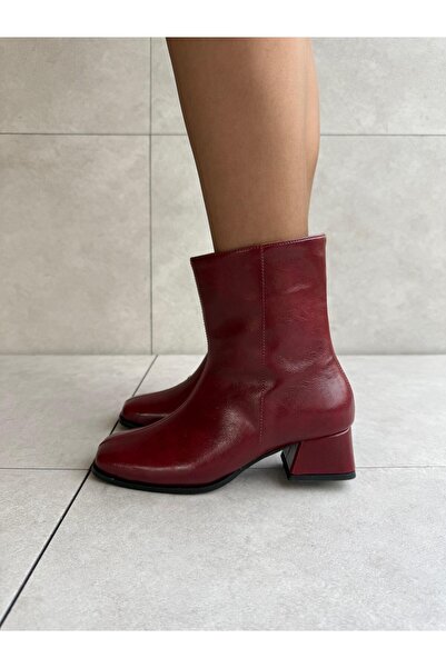 Elvinin Tarzı Gazy Burgundy Shiny Leather Heeled Short Boots