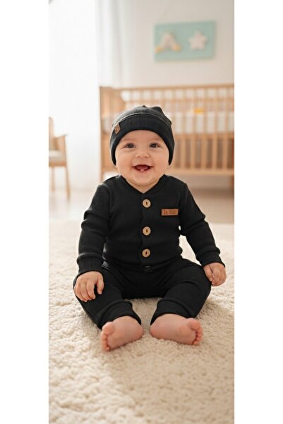 DUDO GİYİM Corded Fabric Cotton Baby Rompers Set – Bodysuit with Wooden Buttoned Hat