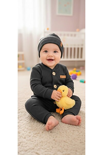 DUDO GİYİM Corded Fabric Cotton Baby Rompers Set – Bodysuit with Wooden Buttoned Hat