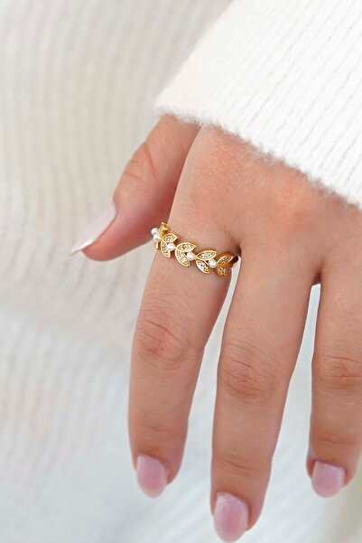 TREND COLLECTİON İnci ve Yaprak Detaylı Ayarlanabilir Gold Tasarım Kadın Yüzük
