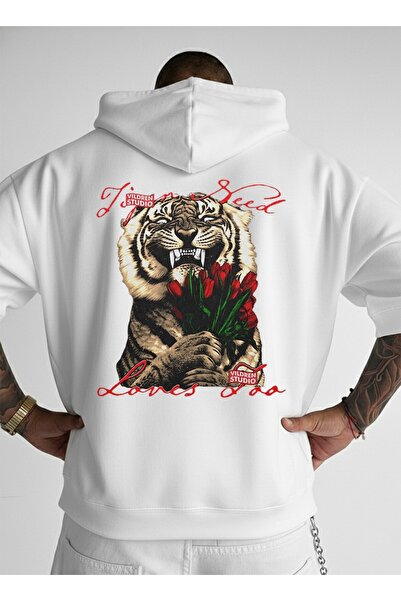 LORVEX 100% bumbac Pulover supradimensionat tricou cu glugă Imprimat cu tigru...