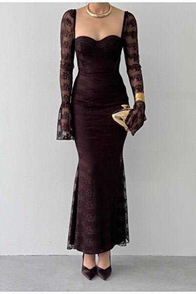 mafdress Γυναικείο Μακρύ Φόρεμα με Δαντέλα Καφέ Καρδιά Γιακά