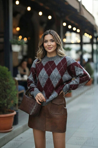 coolart Premium Kadın Haley Baklava Desenli Triko Kazak - Gri Bordo Oversize Bisiklet Yaka