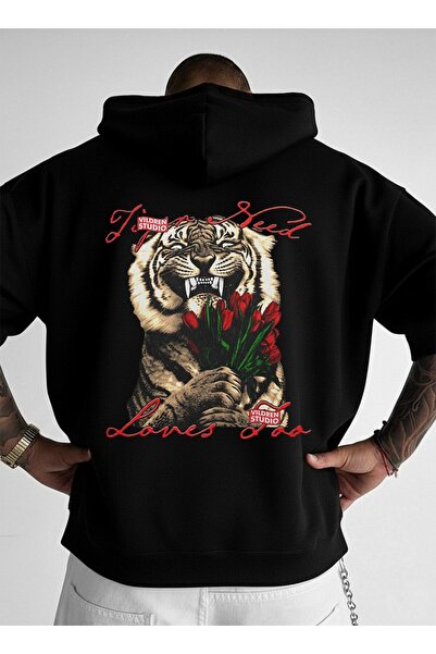 LORVEX 100% bumbac Pulover supradimensionat tricou cu glugă Imprimat cu tigru...