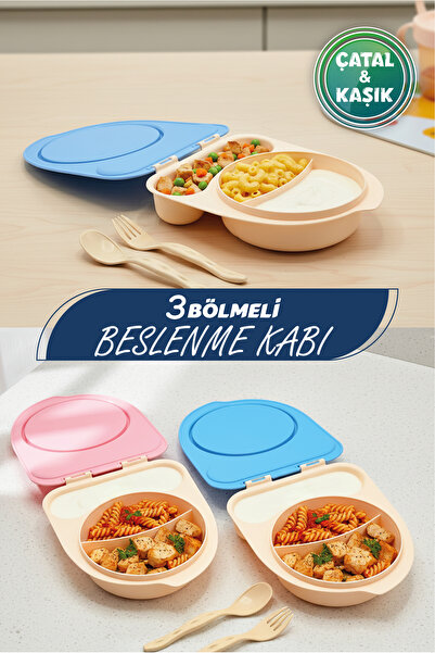 3 Compartment Feeding Box - Food Container with Self-Spoon Fork Lid (500 ml)