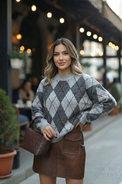 coolart Premium Kadın Haley Baklava Desenli Triko Kazak - Gri Füme Oversize B...