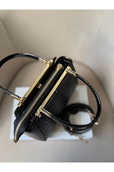 Moda Sekiz Women's Black Patent Leather Premium Quality Multi-Compartment Crossbody Hand and Shoulder Bag