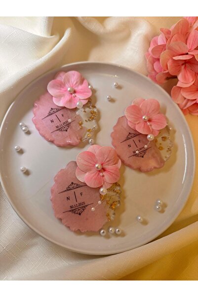 Kara Art Ortanca Çiçekli Pembe Magnet Mıknatıslı Epoksi Söz, Nişan, Nikah, Dü...