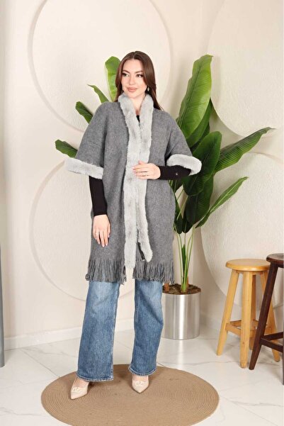 Modax Knitwear Fleece-Lined Fur Poncho 100%100 Acrylic