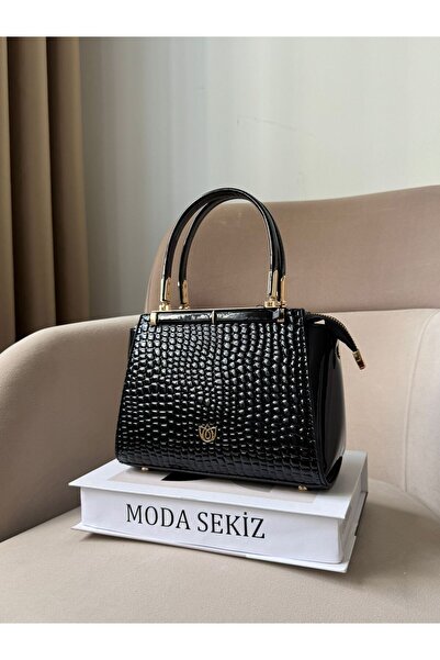 Moda Sekiz Women's Black Patent Leather Premium Quality Multi-Compartment Crossbody Hand and Shoulder Bag