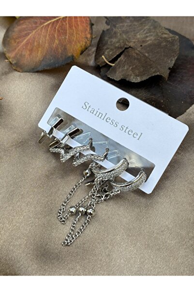 IronMoon 6'lı Gümüş Renk Zirkon Yıldızlı ve Sallanan Zincirli Klipsli Çelik K...