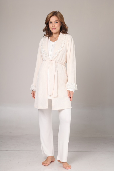 Lohussa Women's Ecru Jacquard Shawl Collar Winter Long Sleeve Special Design Maternity Pajama Set