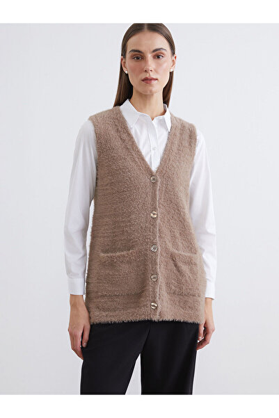 LC Waikiki Plus Size V-Neck Women's Plush Vest