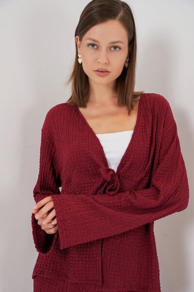 Moda Ebrar din material subțire Bluză Pantaloni Set din două piese 30052 - Roșu Claret