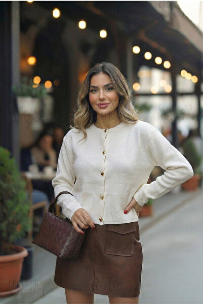 SeusCraft Jachetă tricotată de bază cu nasturi pentru femei - Albă, supradime...