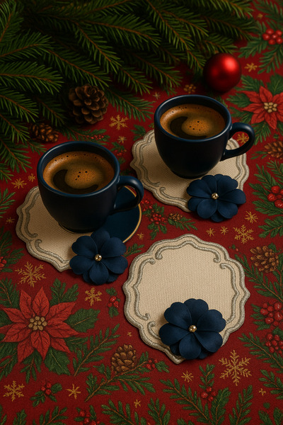 Durushe Navy Blue Floral Embroidered Premium Coffee Coaster – Handcrafted