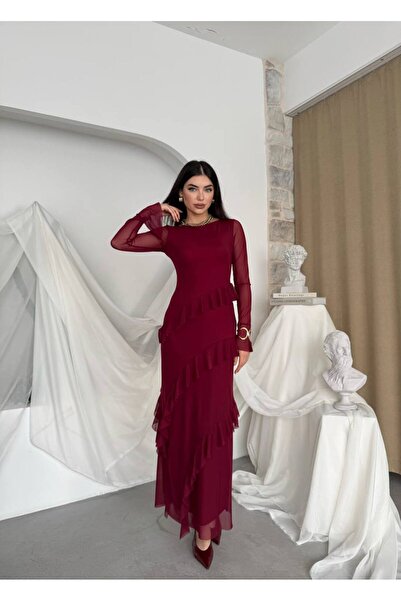 Miss Beyoğlu Kadın Şifon Kollu Volan Detaylı Uzun Abiye – Şık Gece & Davet El...