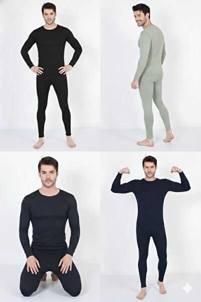 Isıl Termal | Men's Combed Cotton Thermal Underwear Set of 4 (Black Anthracite Navy Blue Nano Green)