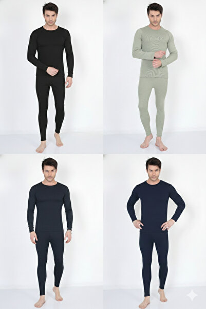 Isıl Termal | Men's Combed Cotton Thermal Underwear Set of 4 (Black Anthracite Navy Blue Nano Green)
