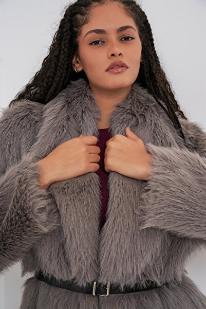 ALPACO Palton din shearling supradimensionat cu centură 9156 - afumat