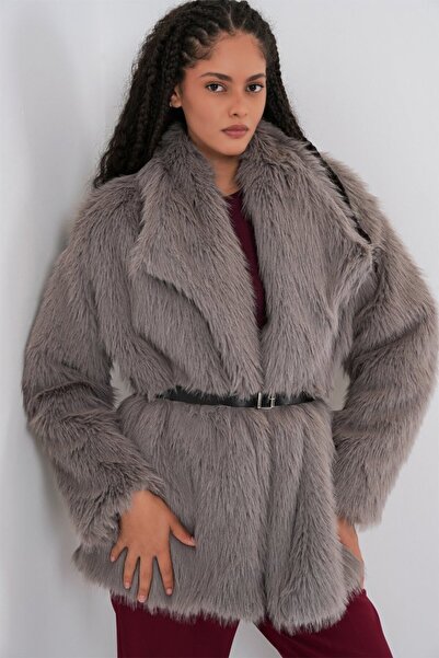 ALPACO Palton din shearling supradimensionat cu centură 9156 - afumat