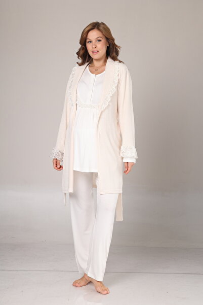 Lohussa Women's Ecru Jacquard Shawl Collar Winter Long Sleeve Special Design Maternity Pajama Set