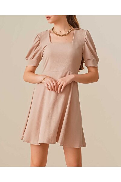 Modamorfo 2339 Πλεκτό Φόρεμα με Τετράγωνο Λαιμό - Μπισκότο