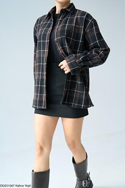 CADDELAMODA Women's Beaded Plaid Shirt