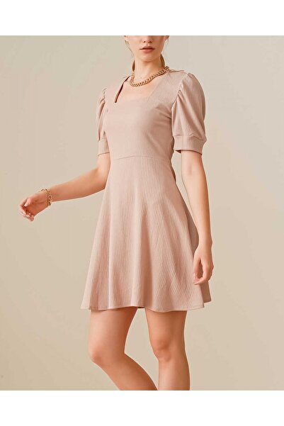 Modamorfo 2339 Πλεκτό Φόρεμα με Τετράγωνο Λαιμό - Μπισκότο