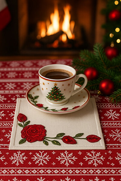 Durushe Red Rose Embroidered Luxury Coffee Presentation Napkin – Hand Embroidery