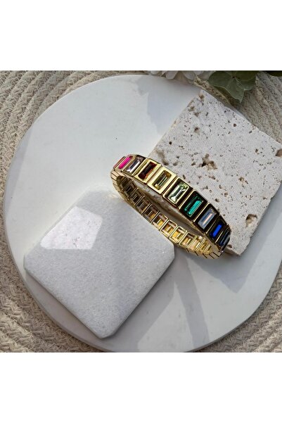Generic Brand Gold Framed Rubber Bracelet with Colored Stones