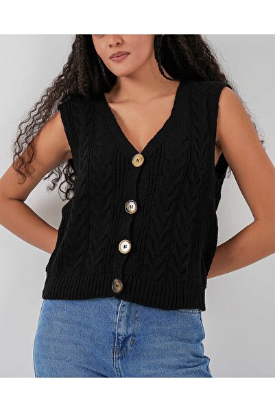 Modamorfo 15882 Buttoned Short Knitwear Vest - Black