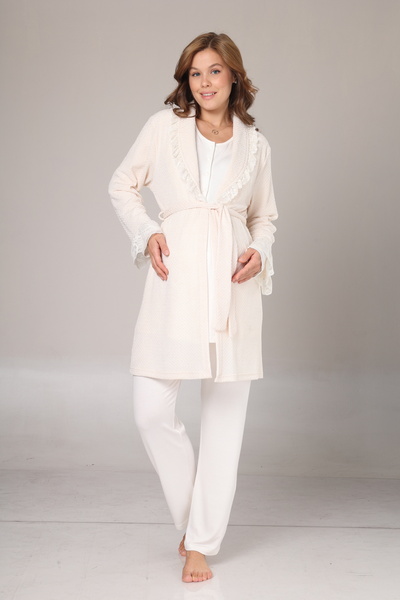 Lohussa Women's Ecru Jacquard Shawl Collar Winter Long Sleeve Special Design Maternity Pajama Set