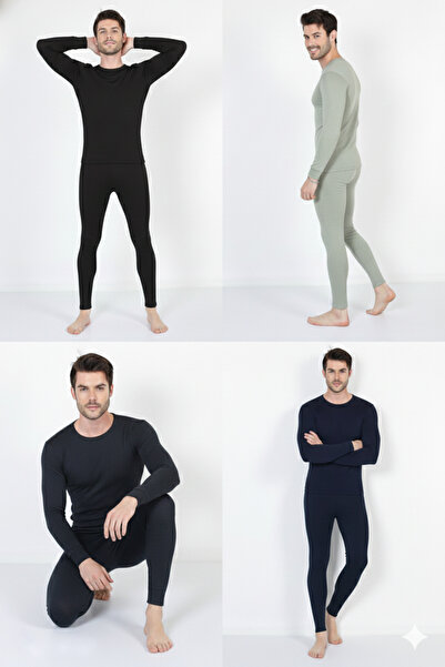 Isıl Termal | Men's Combed Cotton Thermal Underwear Set of 4 (Black Anthracite Navy Blue Nano Green)