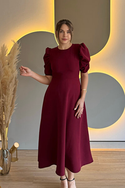 Aventien Balloon Sleeve Flared Burgundy Midi Dress