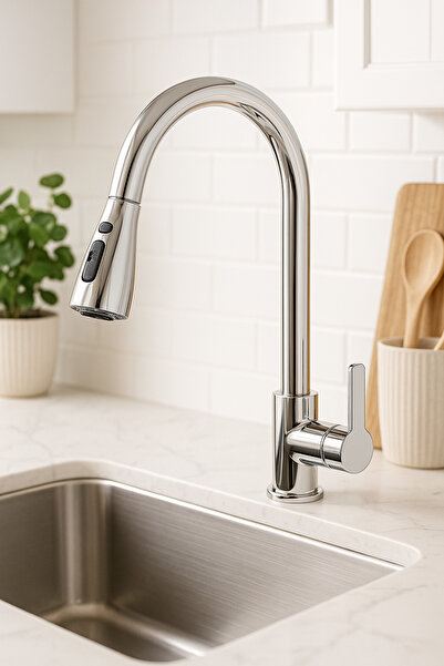 banyosepeti FlexChrome 360 Spiralli Mutfak Eviye Bataryası – Krom / Mat Siyah...