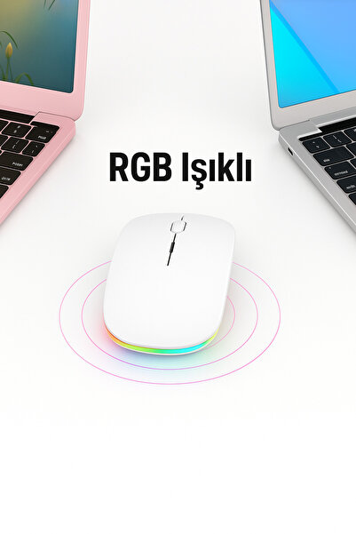 MA Beyaz Kablosuz mouse Sessiz RGB ledli şarj Edilebilir 2.4G + Bluetooth çift bağlantı