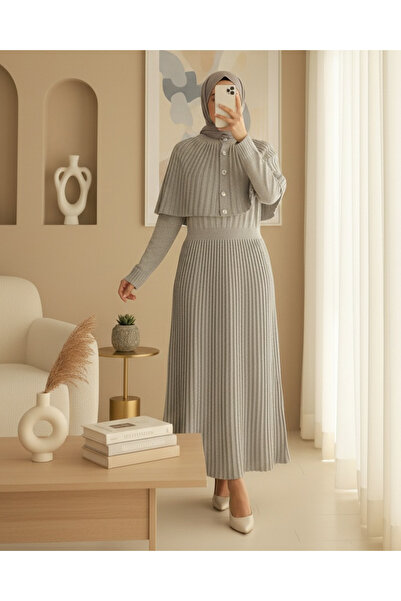 Modamorfo Eteği Corded Fabric Long Knitwear Dress with Elastic Waist and Cape Detail - Light Mink