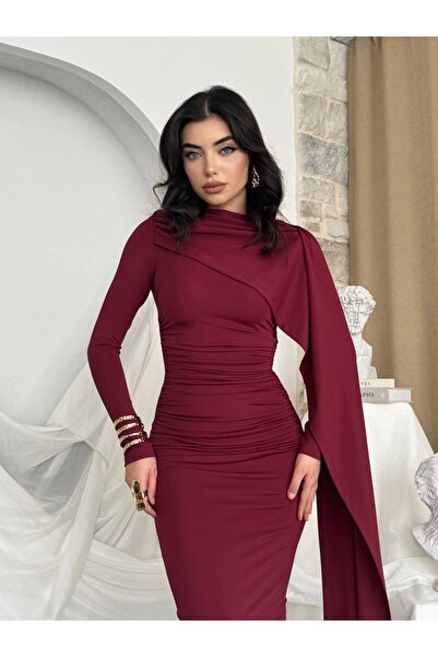 ETİKAFASHION Asimetrik Pelerin Detaylı Drapeli Uzun Elbise