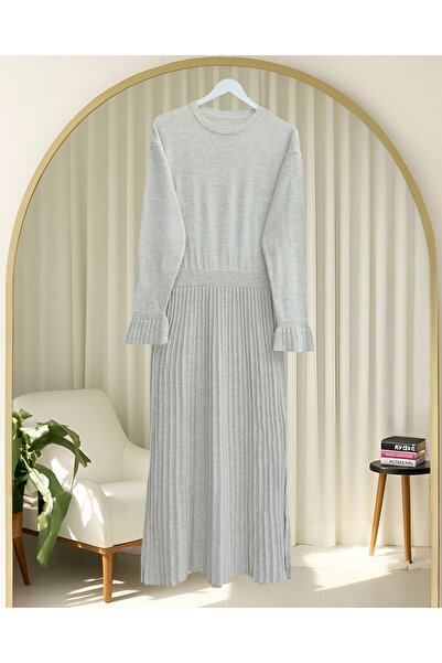 Modamorfo Skirt Corded Fabric Long Knitwear Dress with Elastic Waist and Cape Detail - Stone