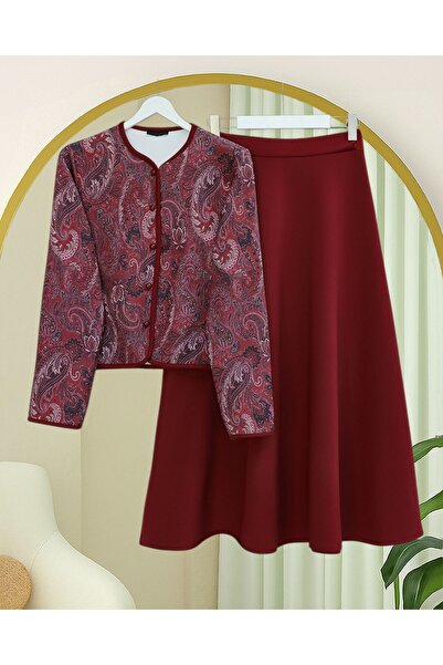 Modamorfo Ethnic Patterned Ball Button Scuba Suit - Burgundy