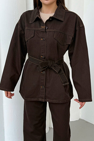 ASEDE Pocket Detailed Tie-Up Zr Buttoned Belted Brown Premium Jean Denim Jacket Pants Set