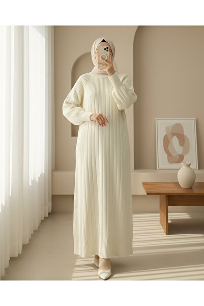 Modamorfo Corded Fabric Slit Long Knitwear Dress -Ecru