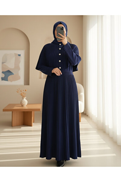 Modamorfo Skirt Corded Fabric Long Knitwear Dress with Elastic Waist and Cape Detail - Navy